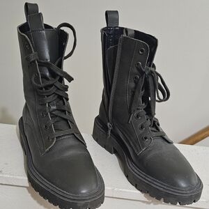Army Green Lace-Up Boots with Side Zipper